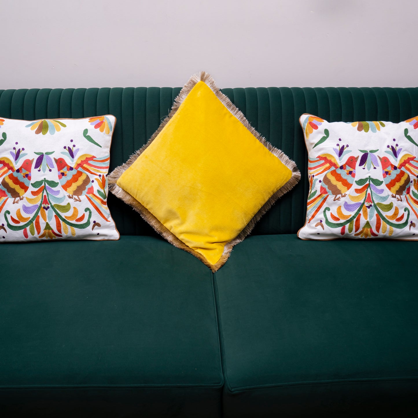 Vibrant Embroidered Bird & Floral Cushion Cover | Handcrafted Decorative Pillow Cover