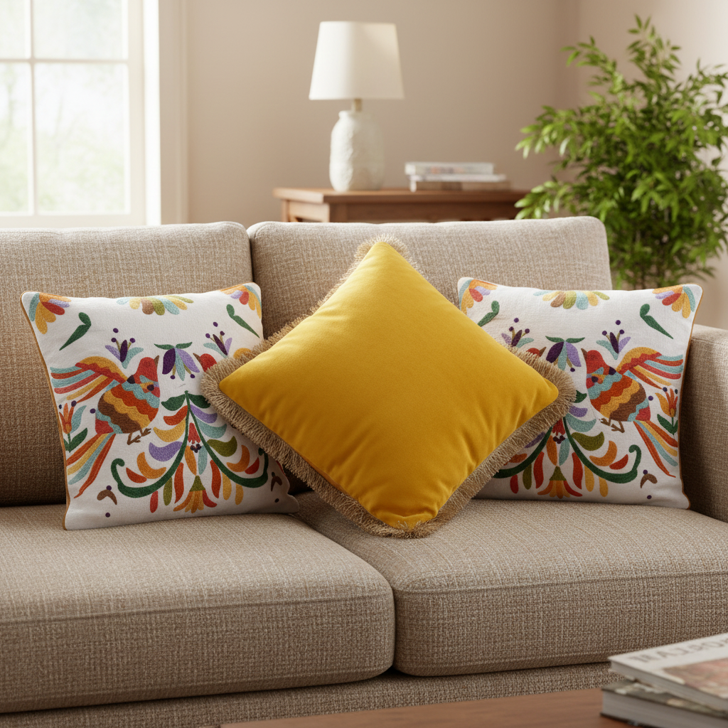 Decorative pillows on a beige sofa in a living room setting