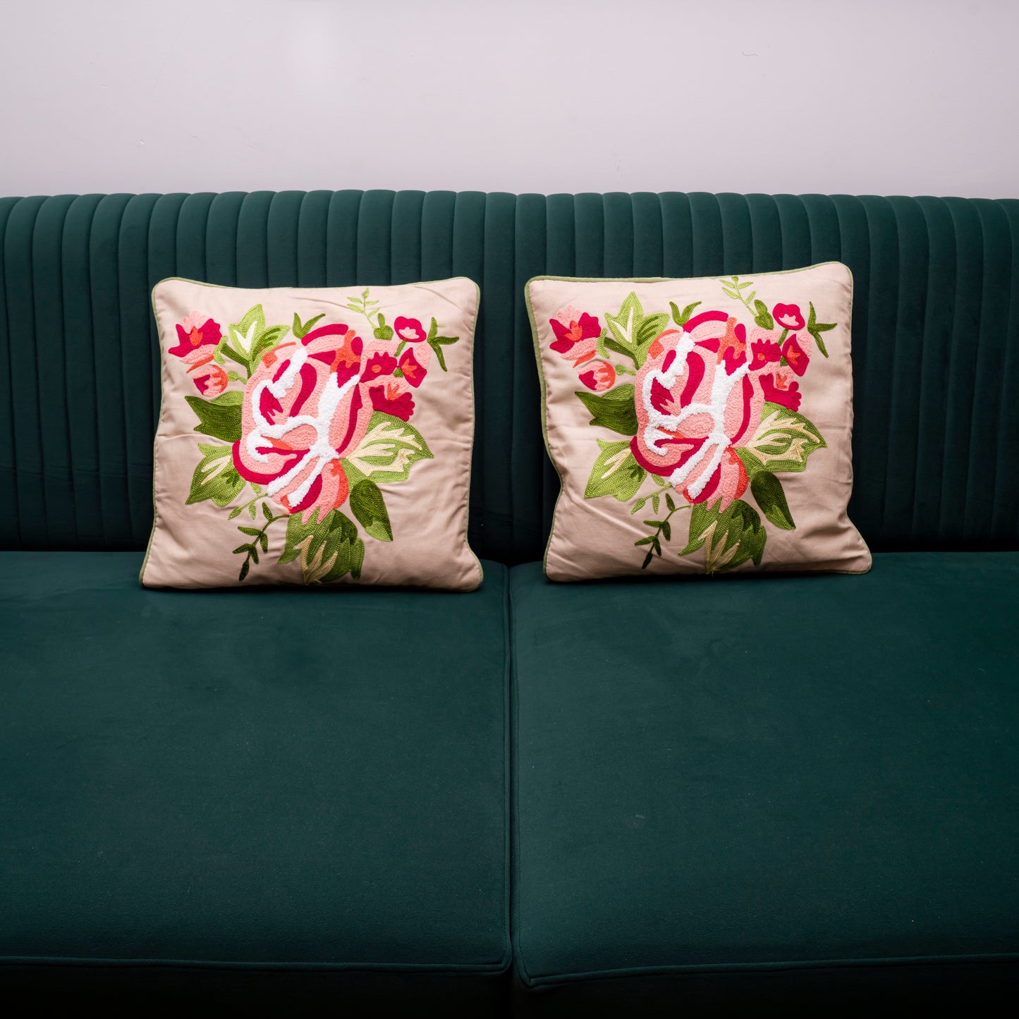 Elegant Pink Floral Embroidered Cushion Cover| Botanical Accent Pillows Cover