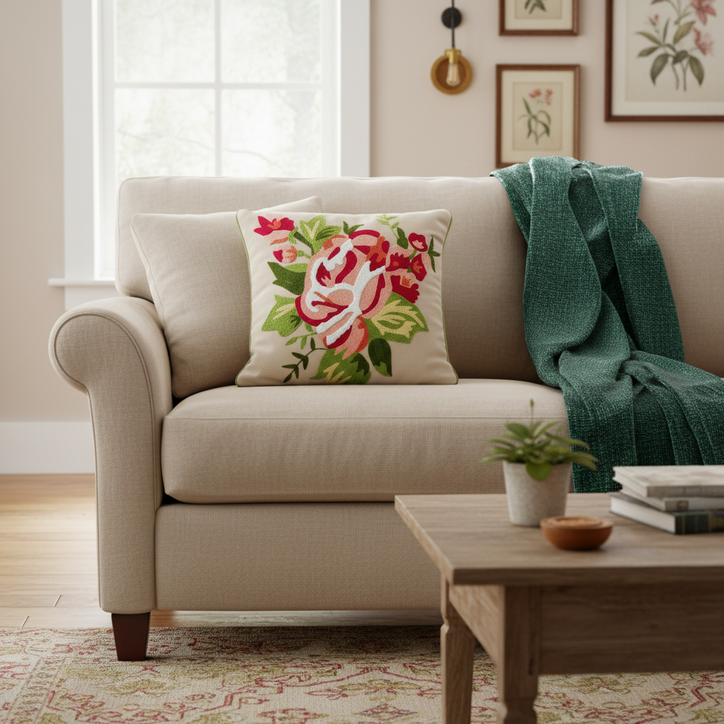 Elegant Pink Floral Embroidered Cushion Cover| Botanical Accent Pillows Cover
