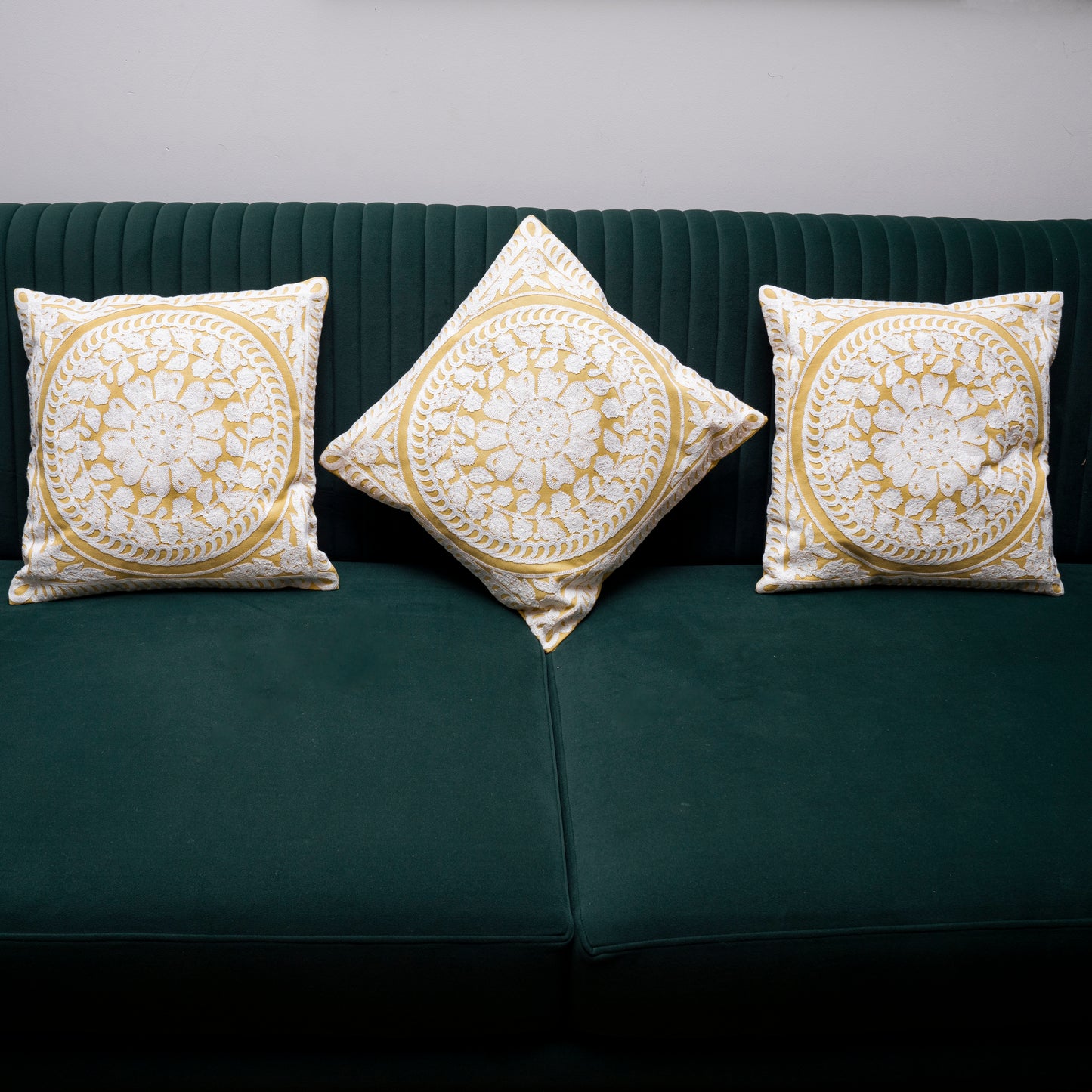 Elegant White & Gold Embroidered Cushion Cover | Textured Mandala Pillow Cover