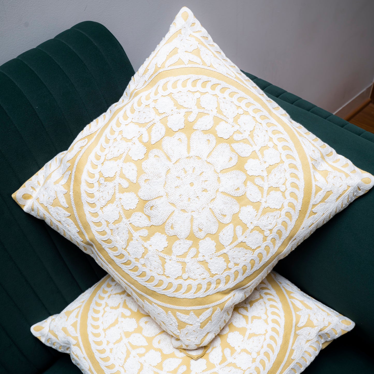 Elegant White & Gold Embroidered Cushion Cover | Textured Mandala Pillow Cover