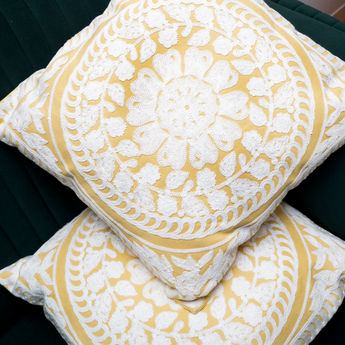 Elegant White & Gold Embroidered Cushion Cover | Textured Mandala Pillow Cover