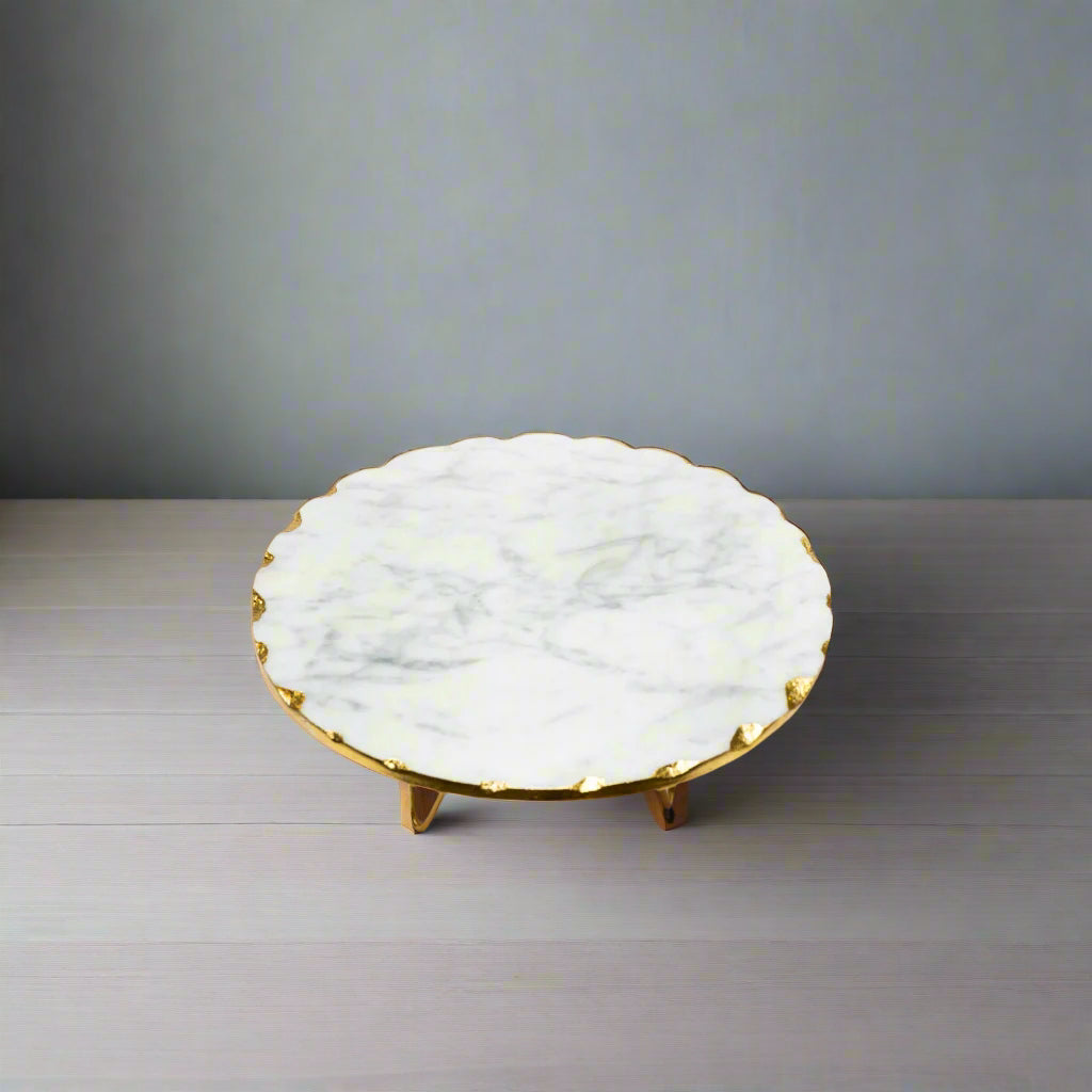 Luxurious Gold-Edge White Marble Single Tier Stand – Scalloped Cake stand for Cake, Desserts & Decor
