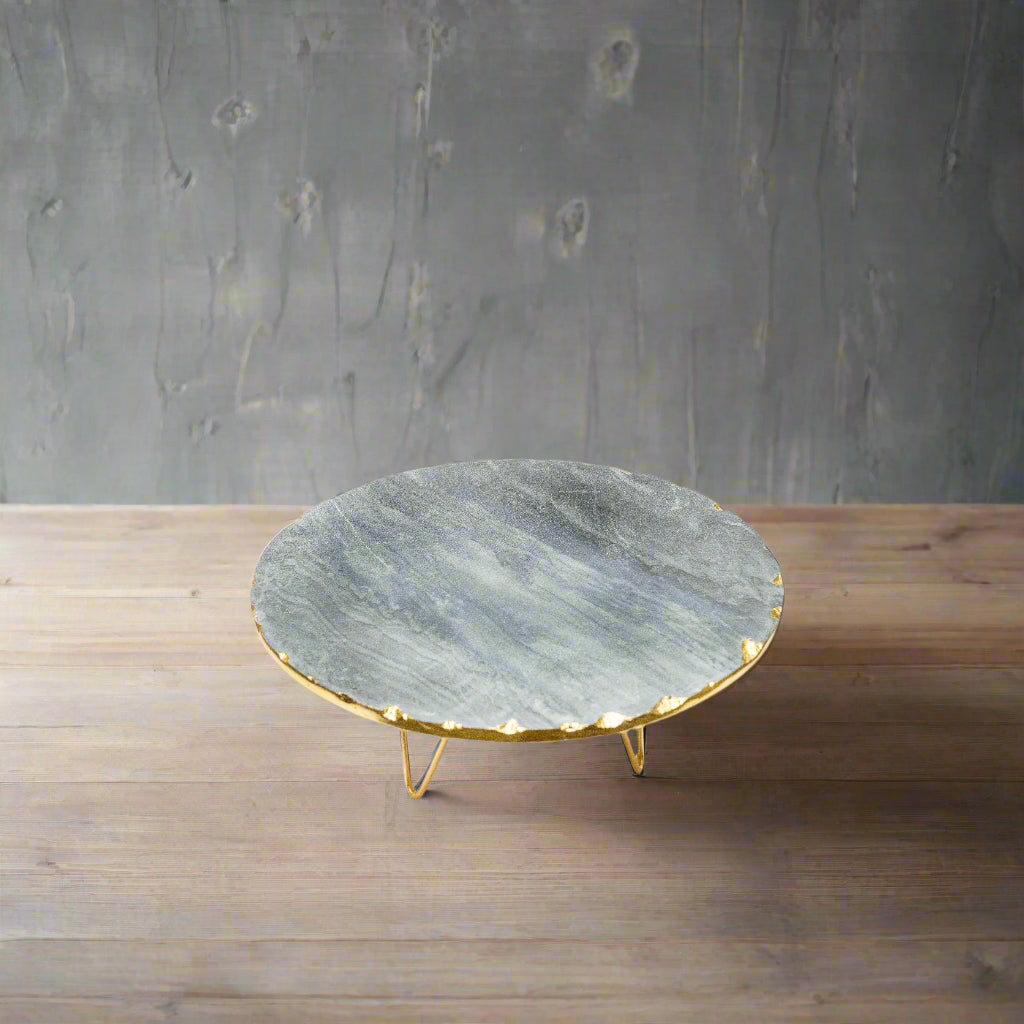 Artisan Gold-Edge Grey Stone Single Tier Stand – Unique Stand for Modern & Rustic Decor
