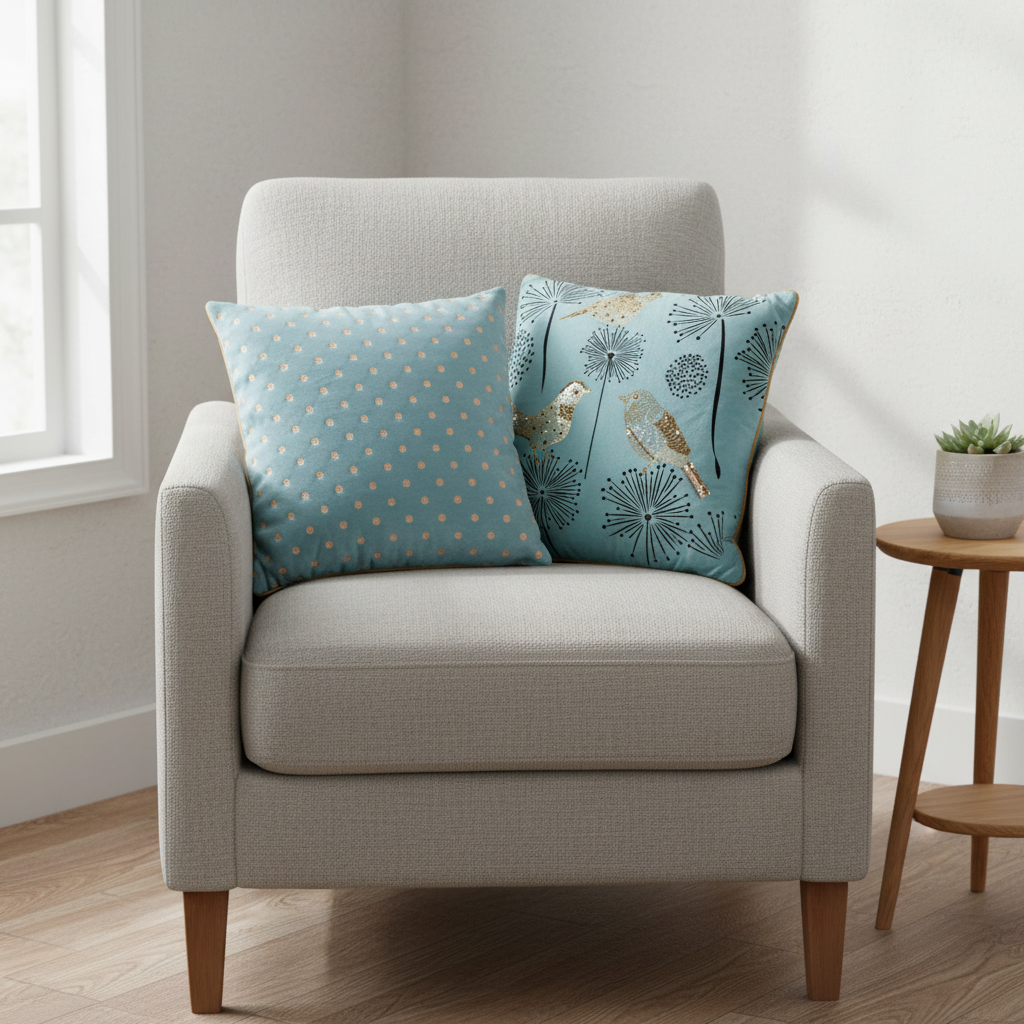 Gray armchair with blue patterned cushions in a room with a wooden floor and a small table.