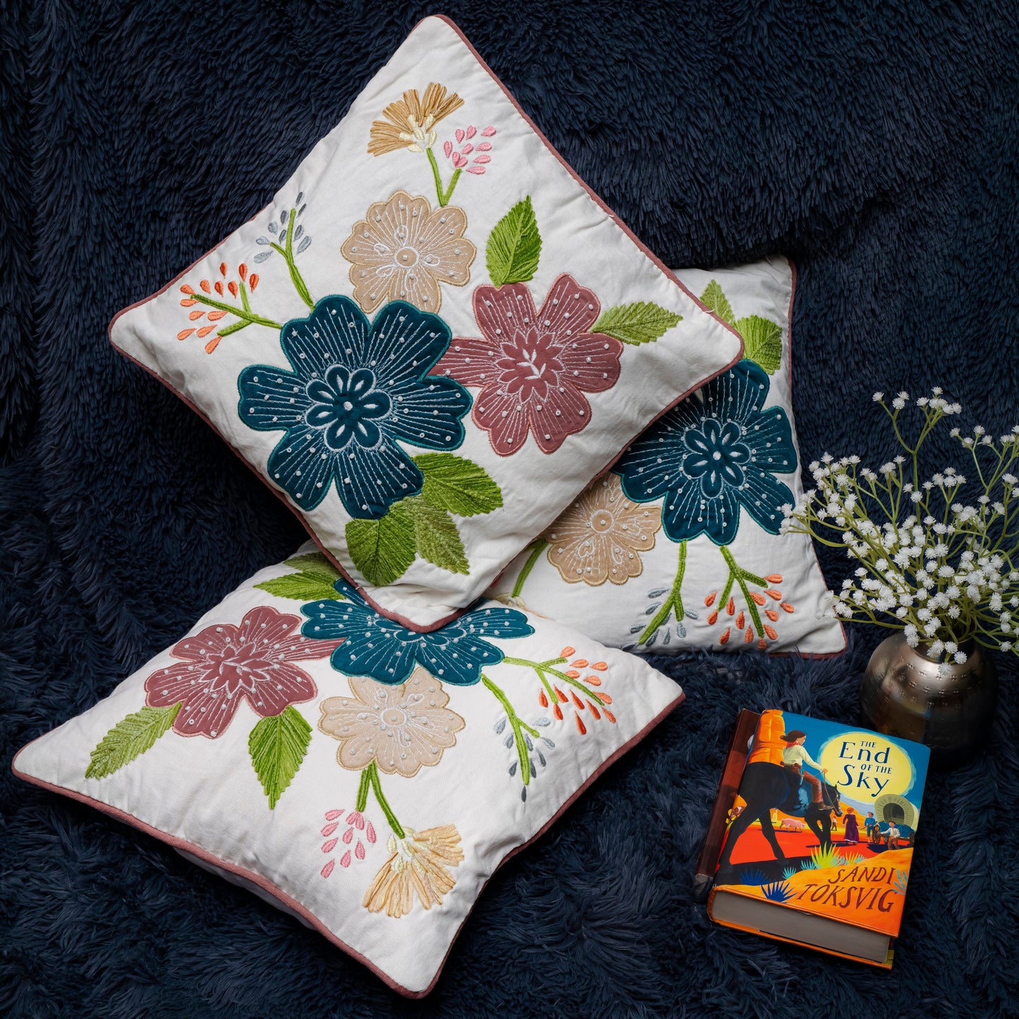 Sophisticated Embroidered Floral Cushion Cover | Modern Botanical Art