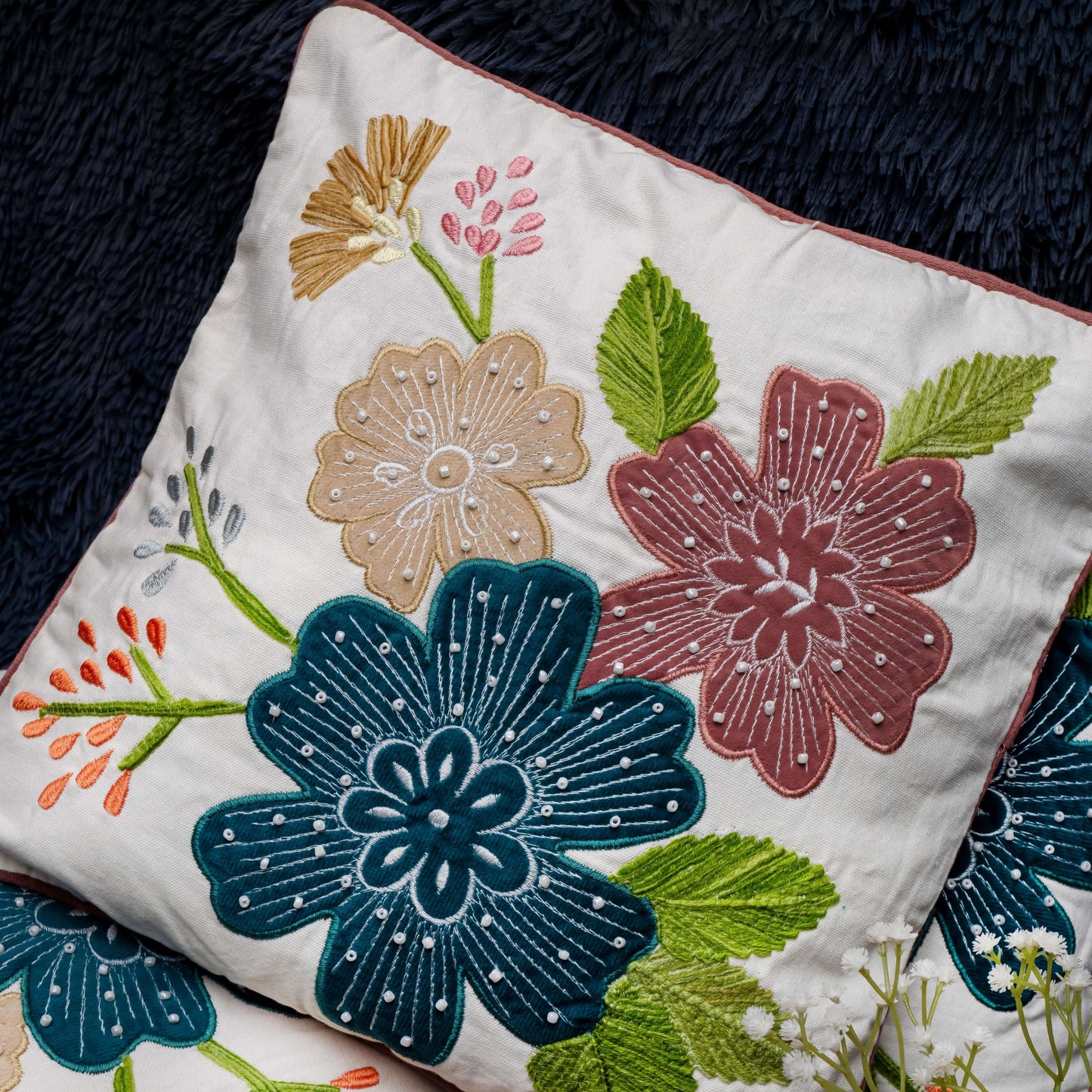 Sophisticated Embroidered Floral Cushion Cover | Modern Botanical Art