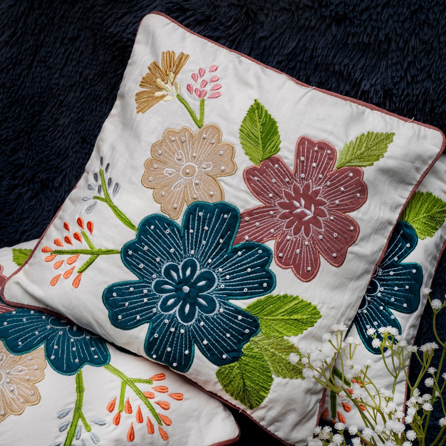 Sophisticated Embroidered Floral Cushion Cover | Modern Botanical Art