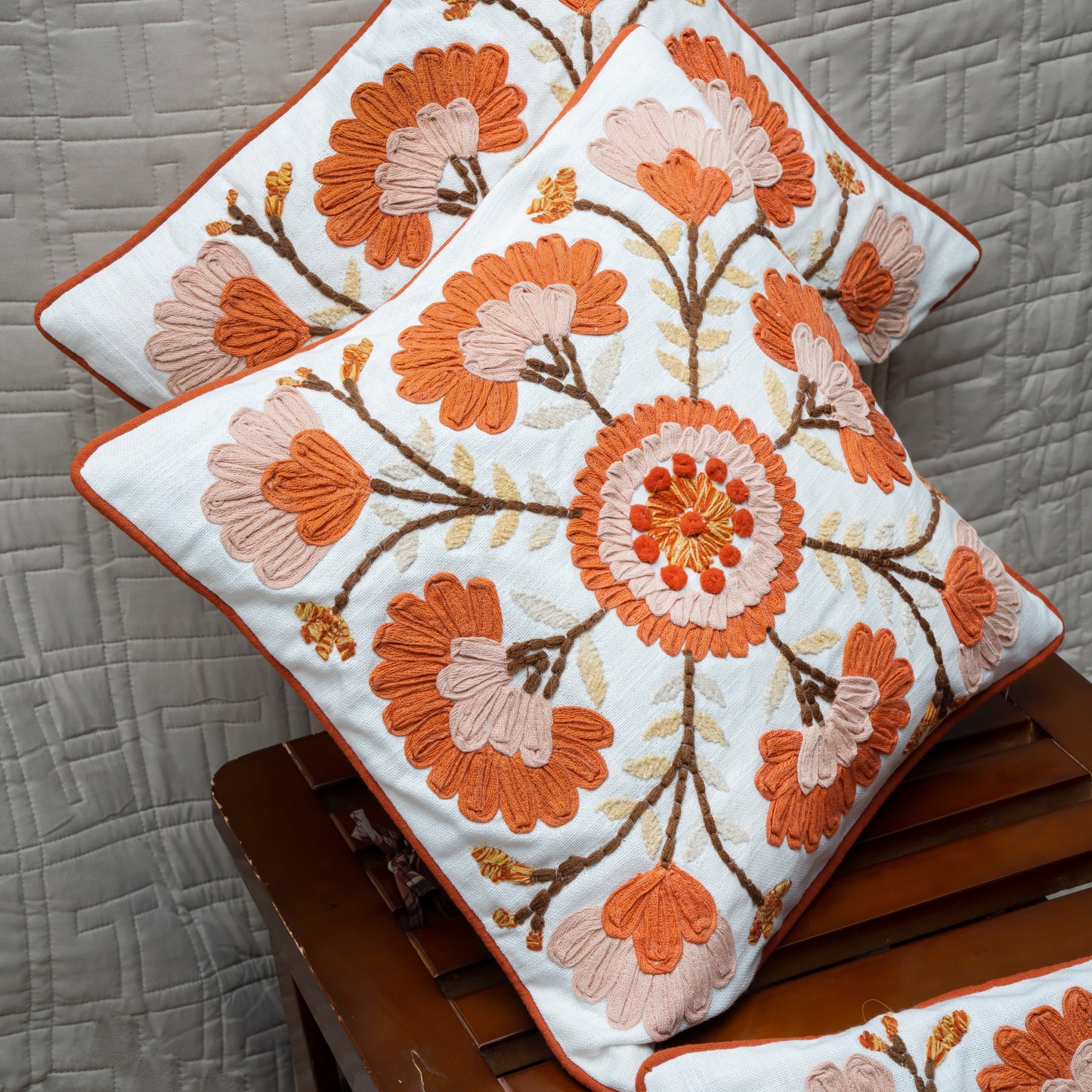 Vibrant Orange Floral Medallion Embroidered Pillow Cover