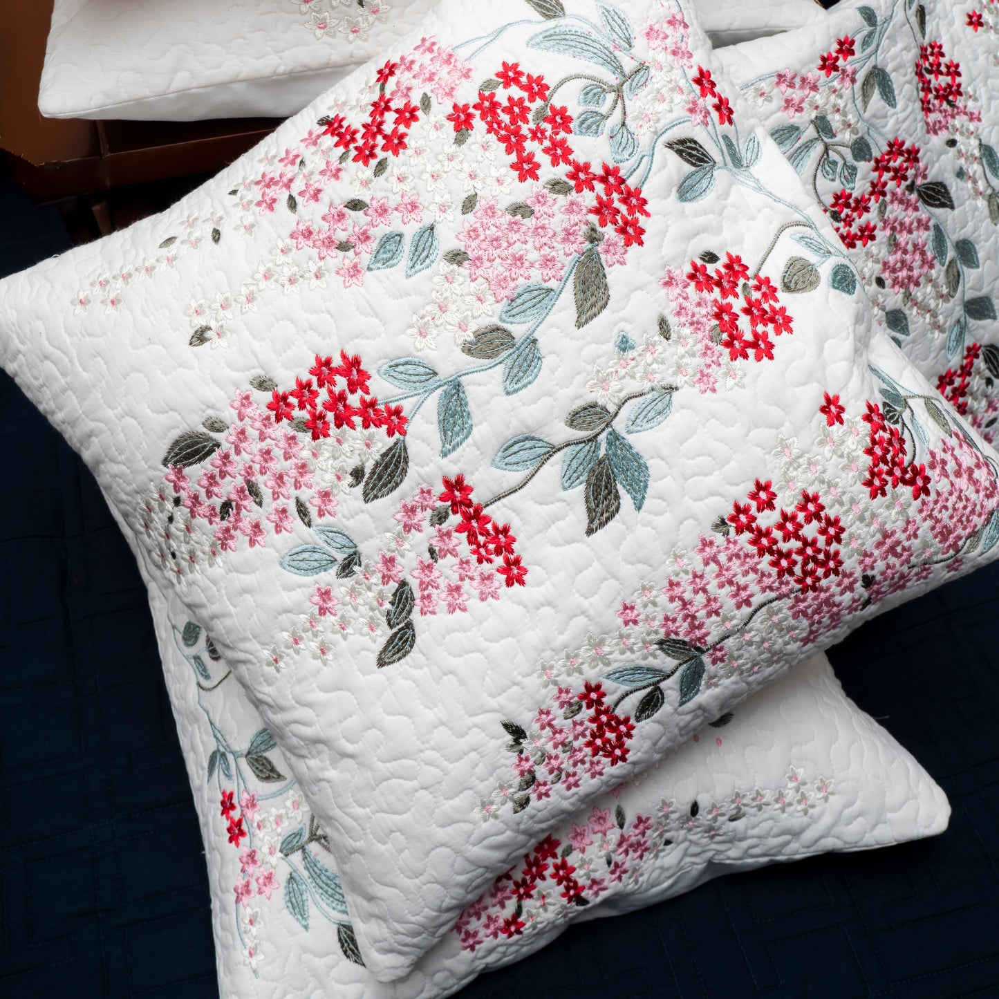 Elegant White Quilted & Embroidered Floral Cushion Cover | Spring Bloom Decor (Set of 2)