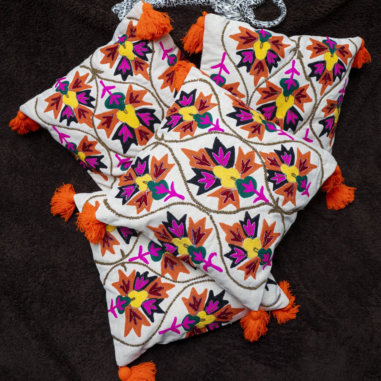Bohemian Chic White Embroidered Cushion Cover | Vibrant Floral with Tassels (Set of 2)
