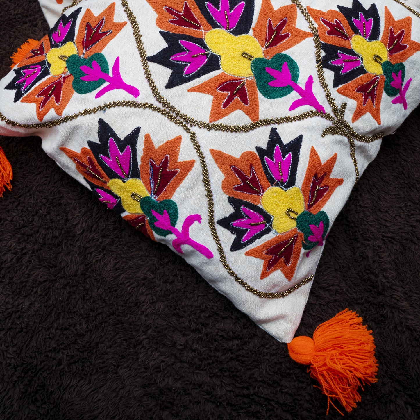 Bohemian Chic White Embroidered Cushion Cover | Vibrant Floral with Tassels (Set of 2)