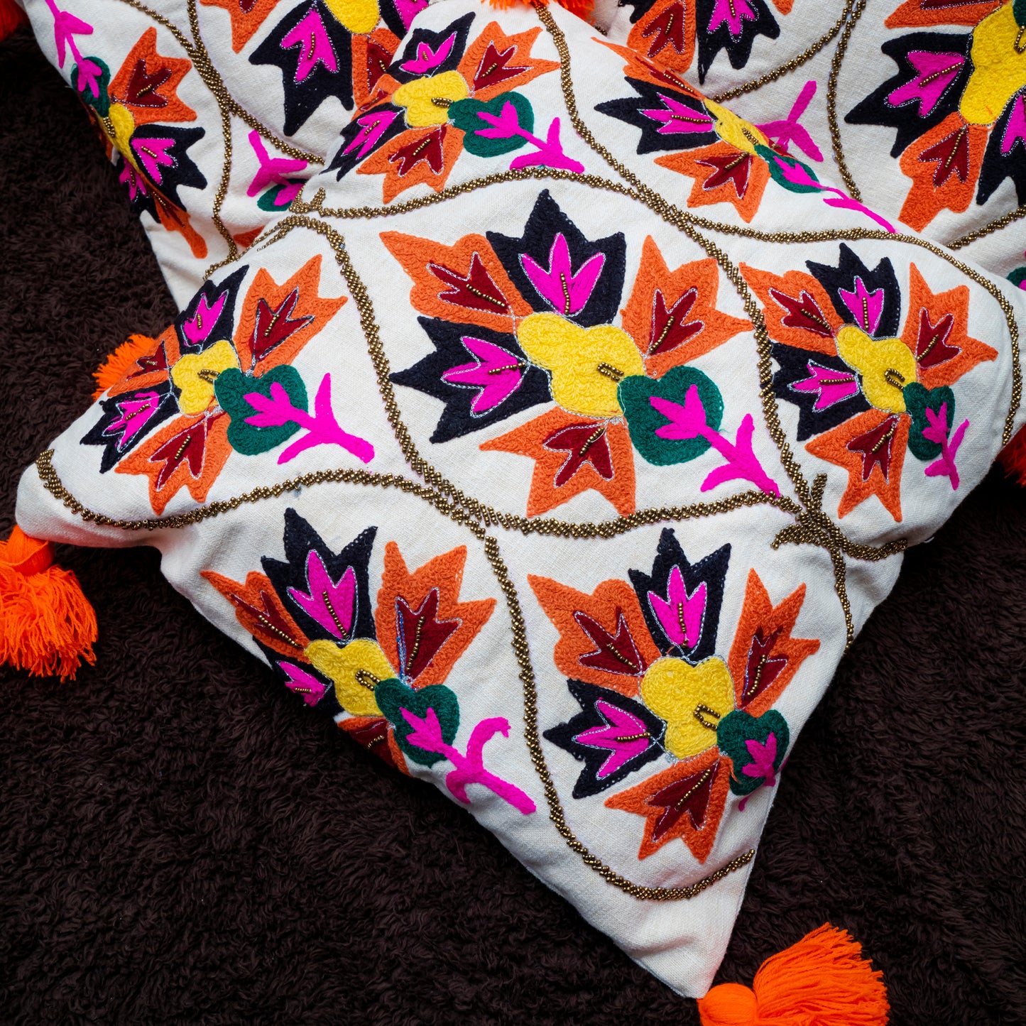 Bohemian Chic White Embroidered Cushion Cover | Vibrant Floral with Tassels (Set of 2)