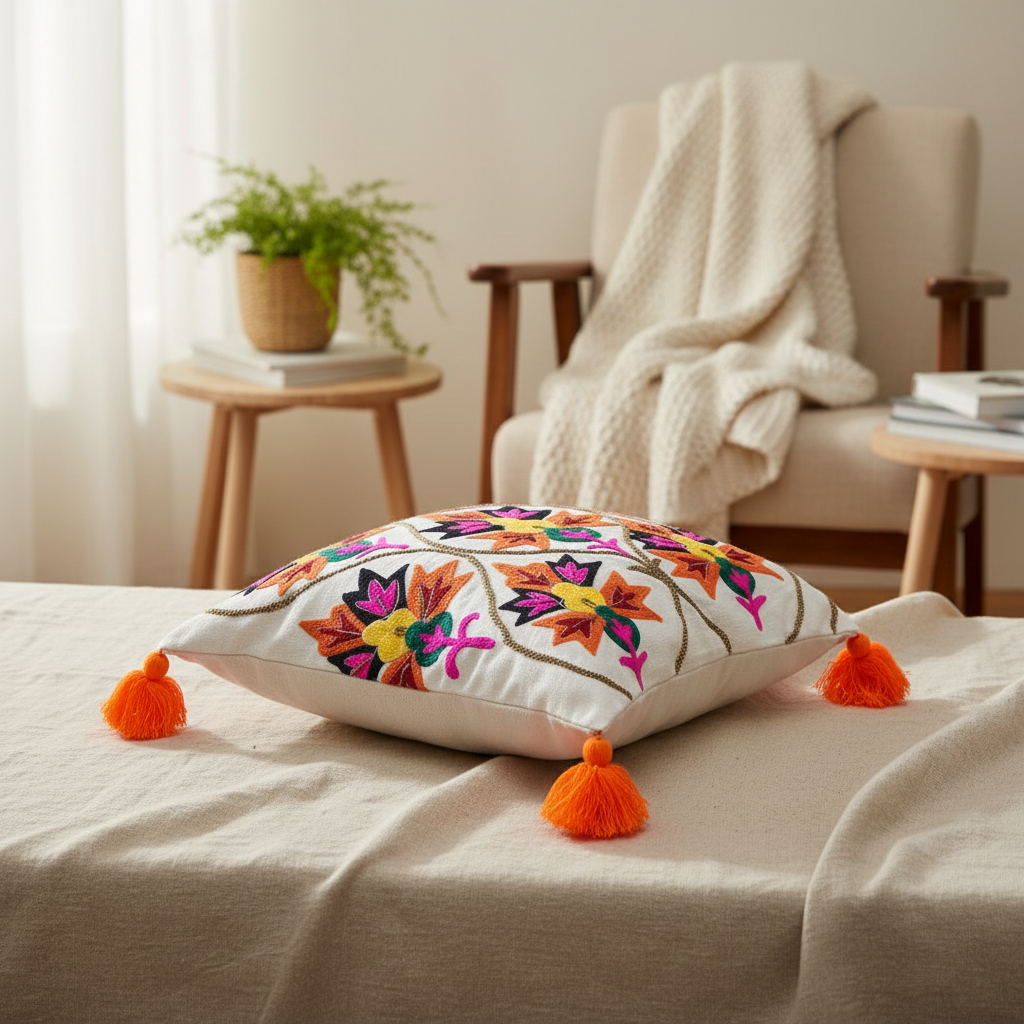 Bohemian Chic White Embroidered Cushion Cover | Vibrant Floral with Tassels (Set of 2)