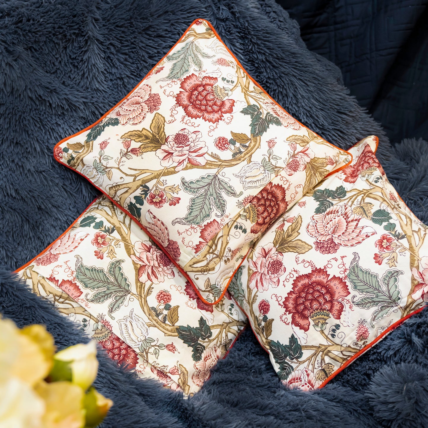 Red Floral Print Pillow Cover |Vintage Botanical Accent Cushion Cover (Set of 5)
