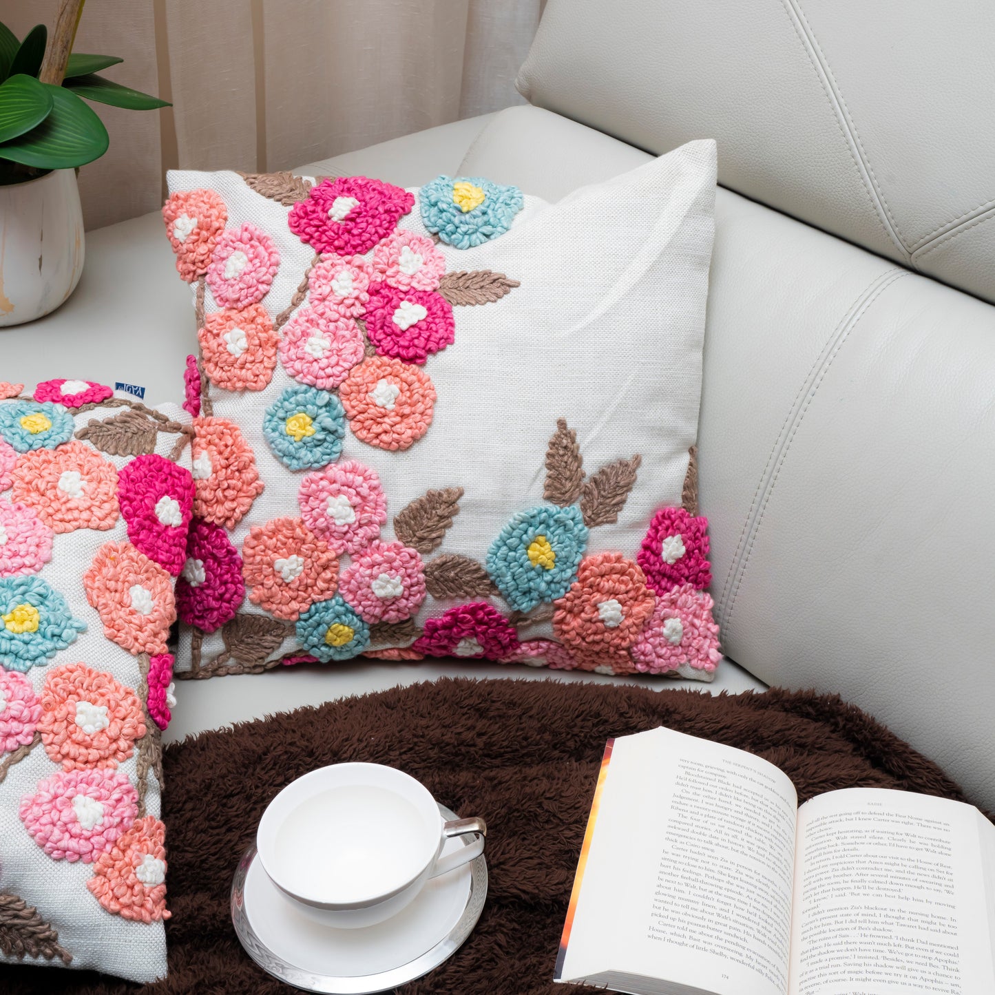 Floral Cluster Embroidered Cushion Cover