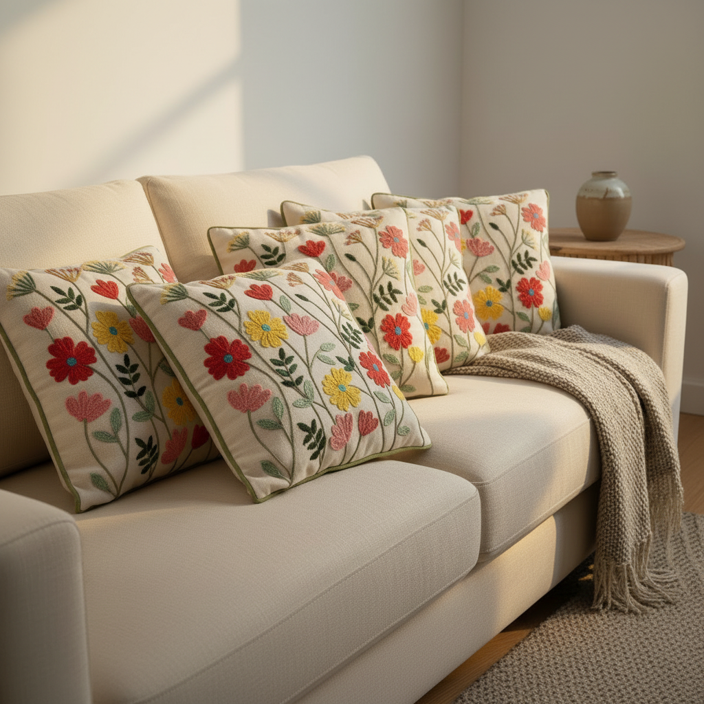 Beige sofa with floral patterned cushions and a blanket in a cozy living room setting.