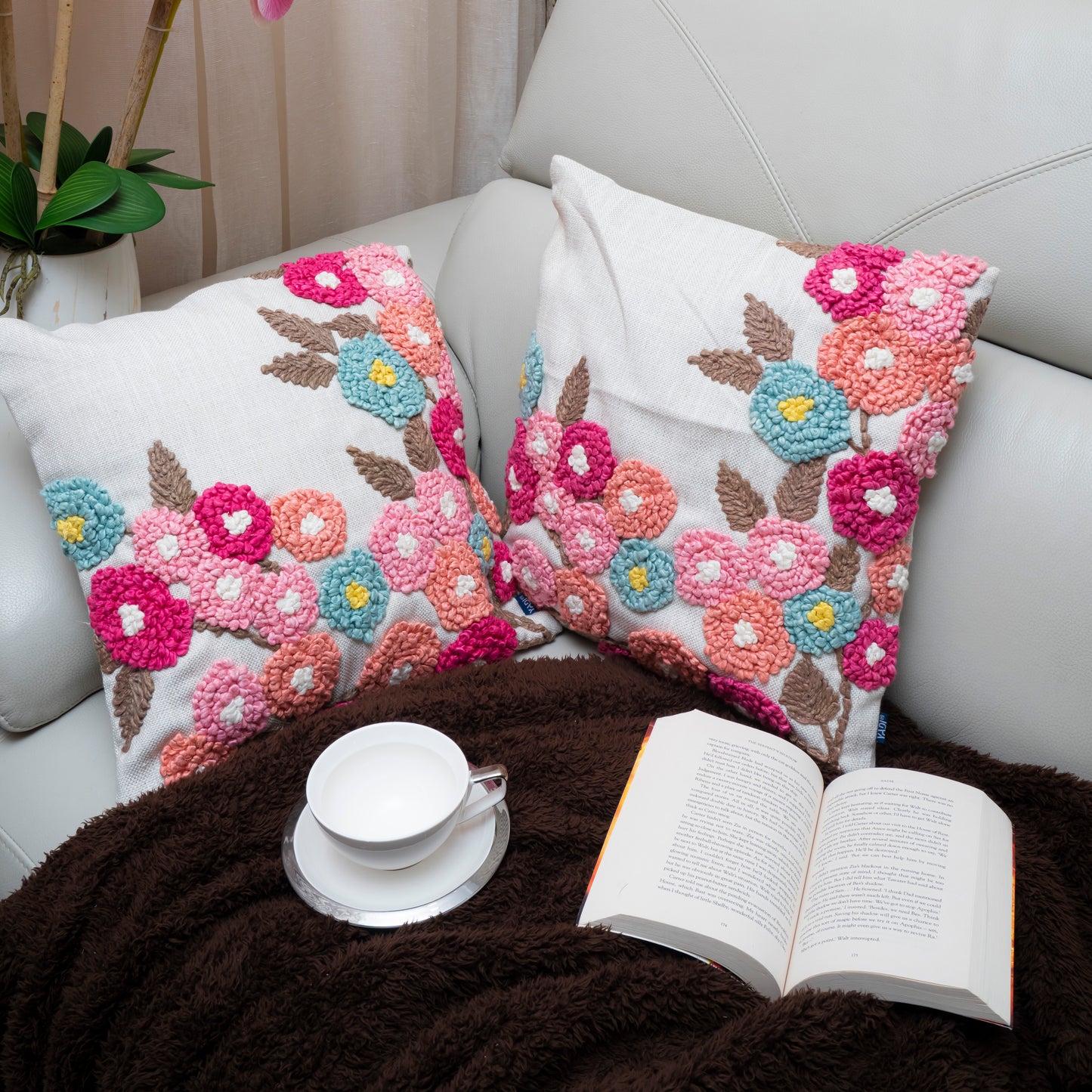 Floral Cluster Embroidered Cushion Cover