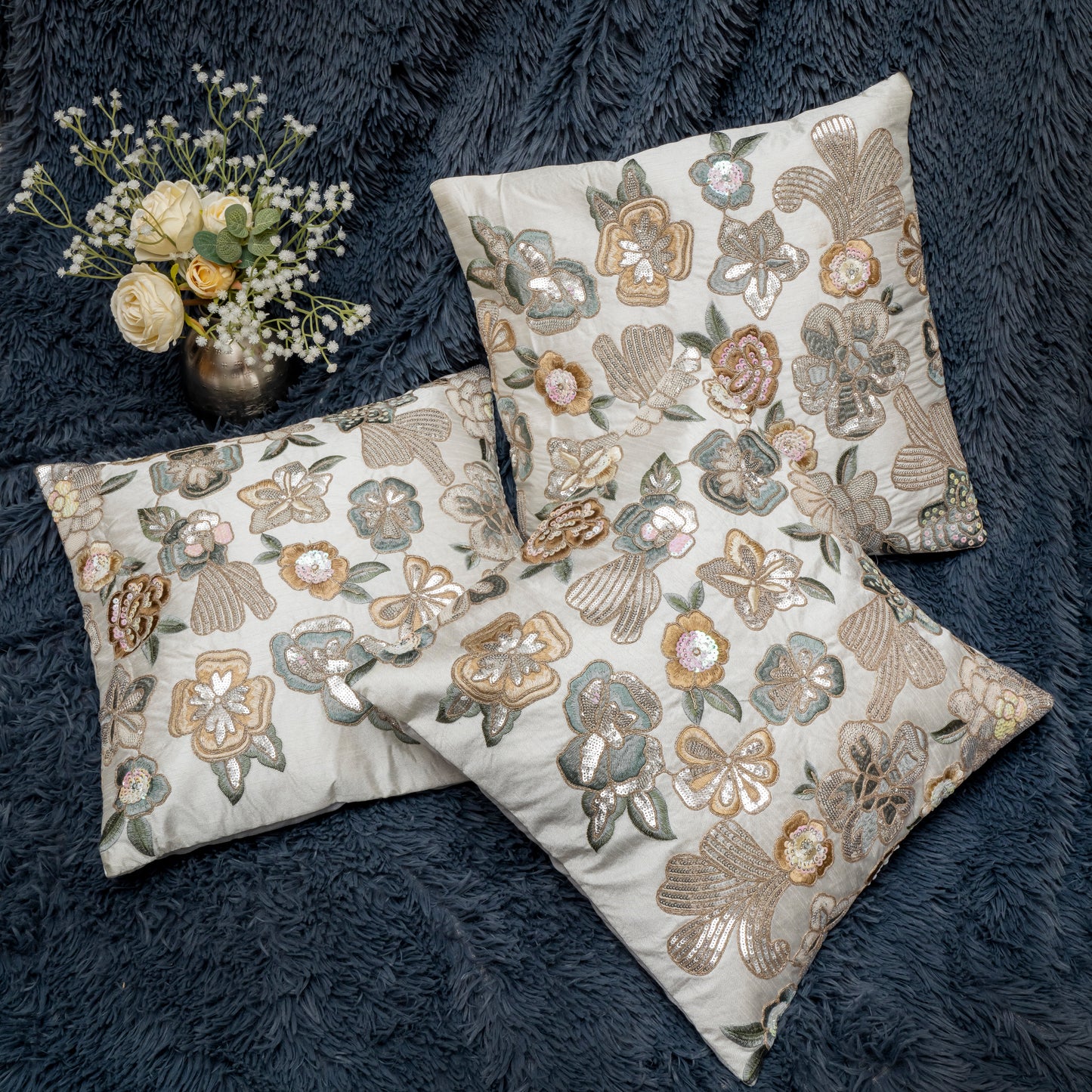 Ethereal Bloom Sequin Cushion Cover