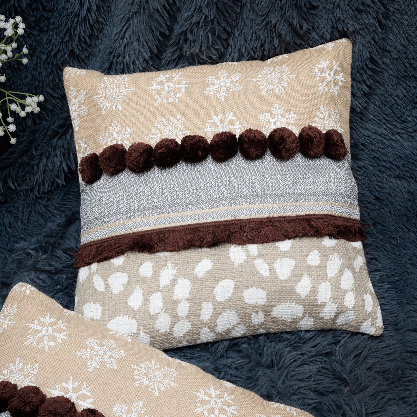Cozy Winter Lodge Cushion Cover - Pom Pom Ruffle Border Design
