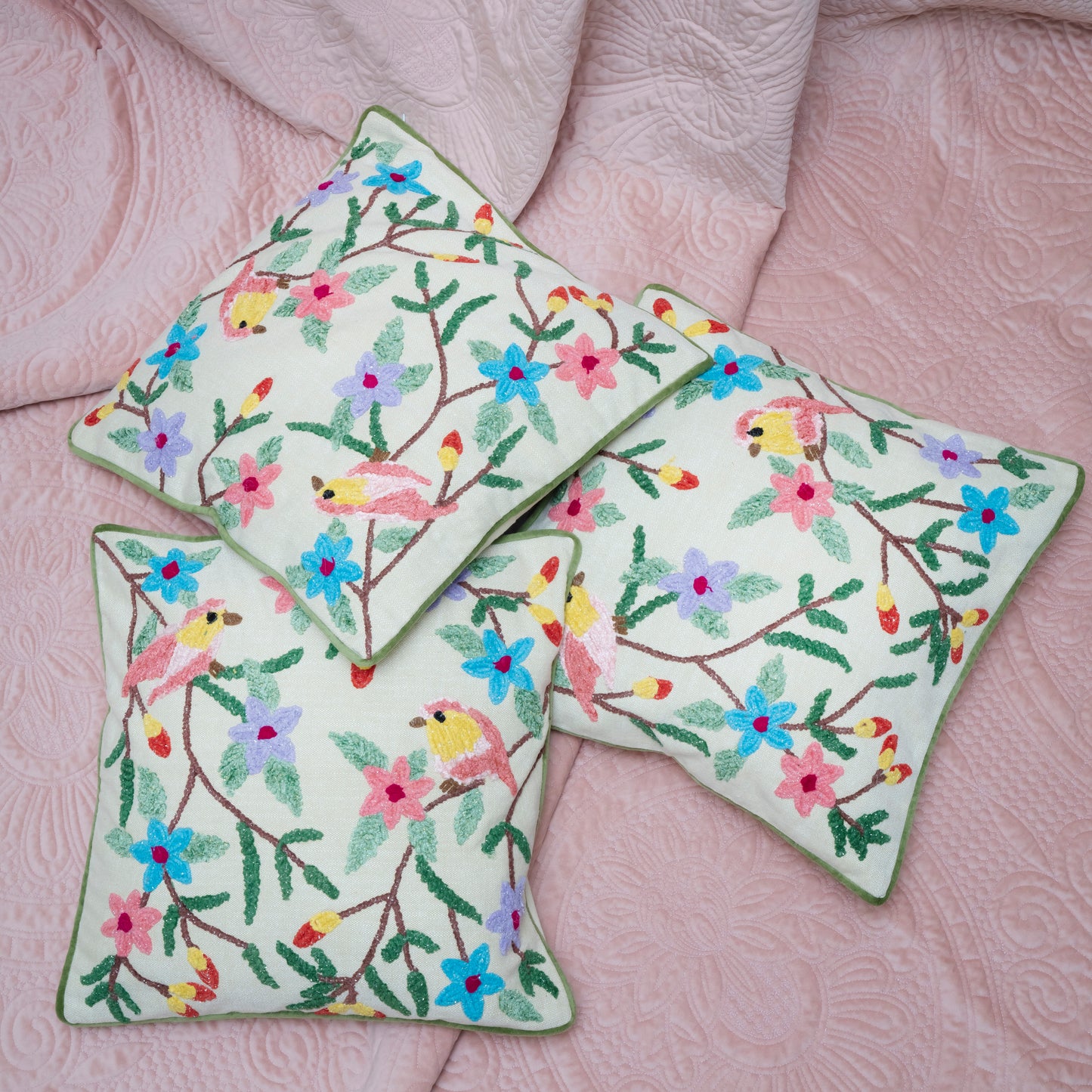Chirping Garden Embroidered Cushion Covers