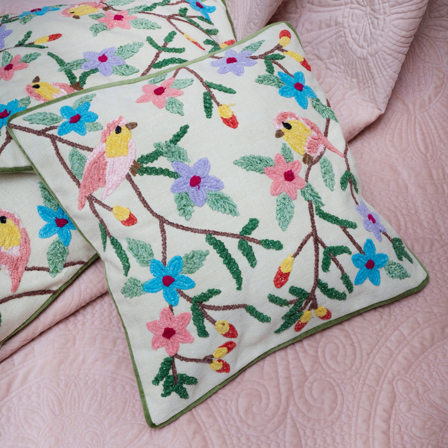 Chirping Garden Embroidered Cushion Covers
