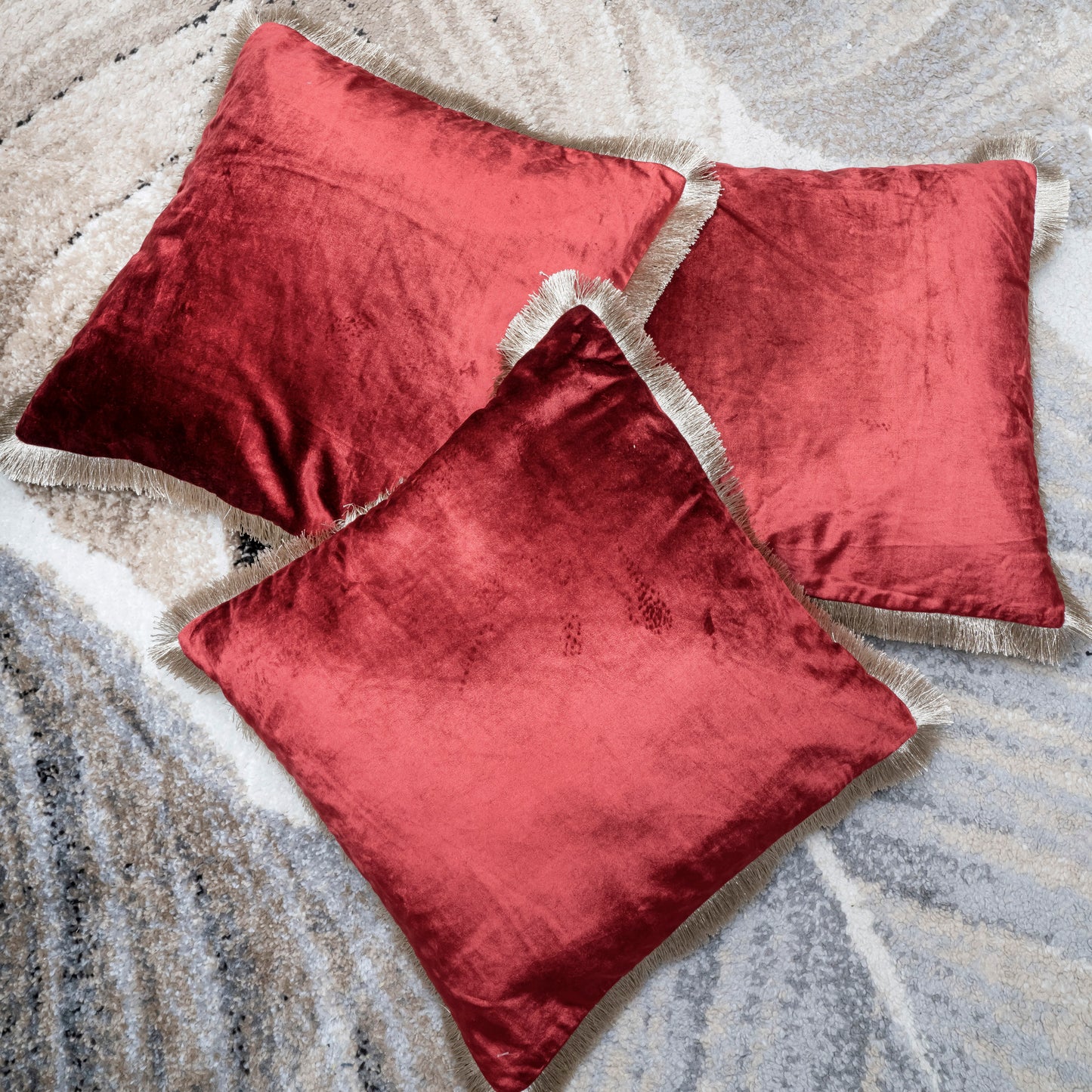 Ruby Red Velvet Fringe Cushion Cover