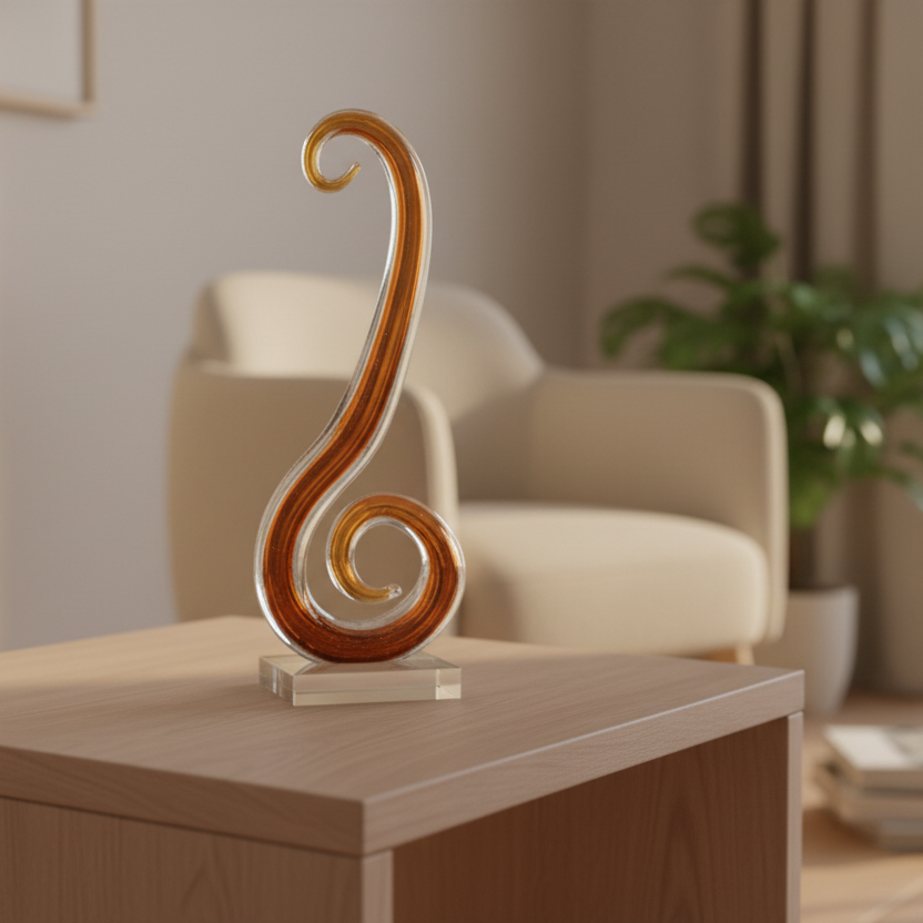 Decorative wooden sculpture on a table in a living room setting