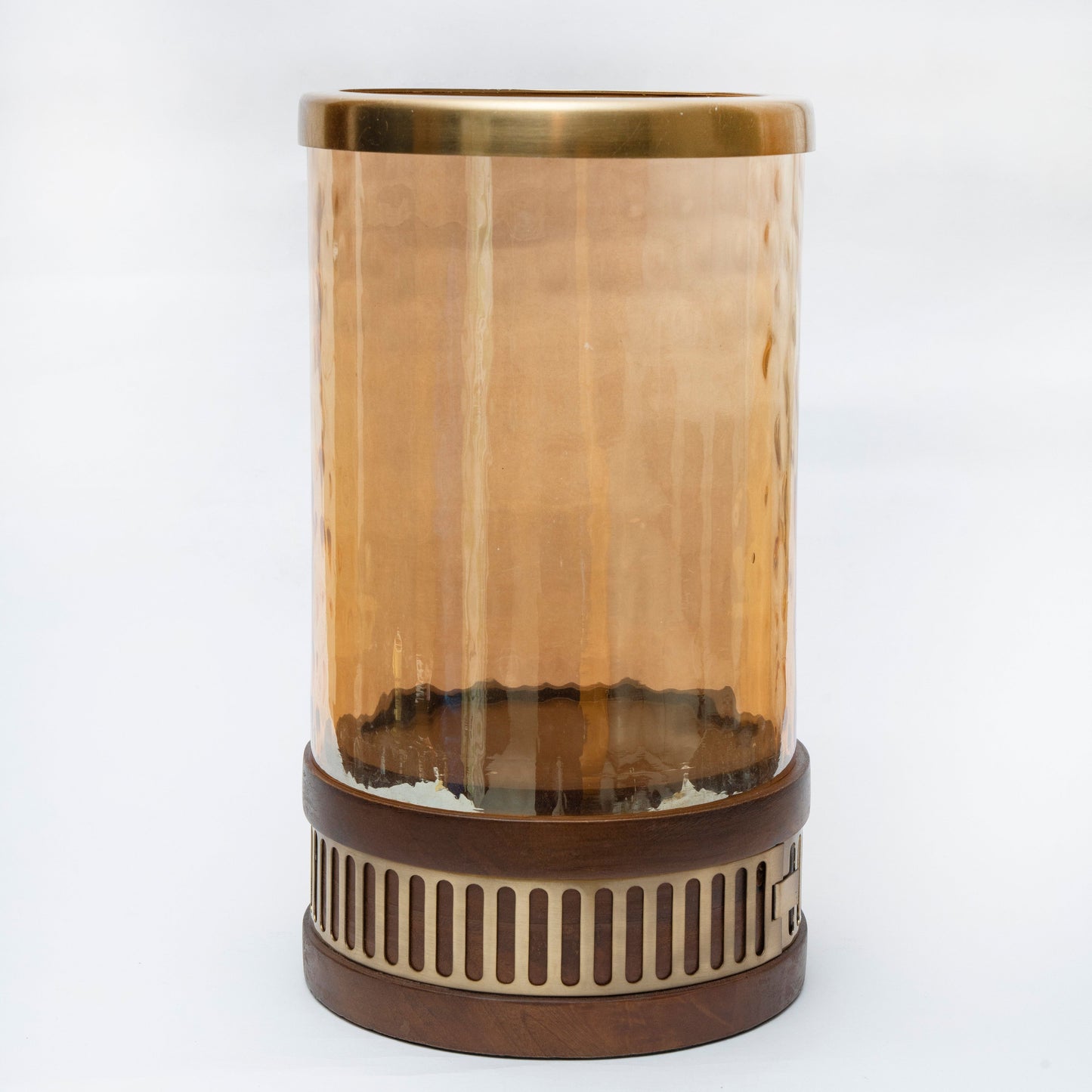 Amber Glass and Wood Pillar Candle Holder with Metallic Base (Medium)
