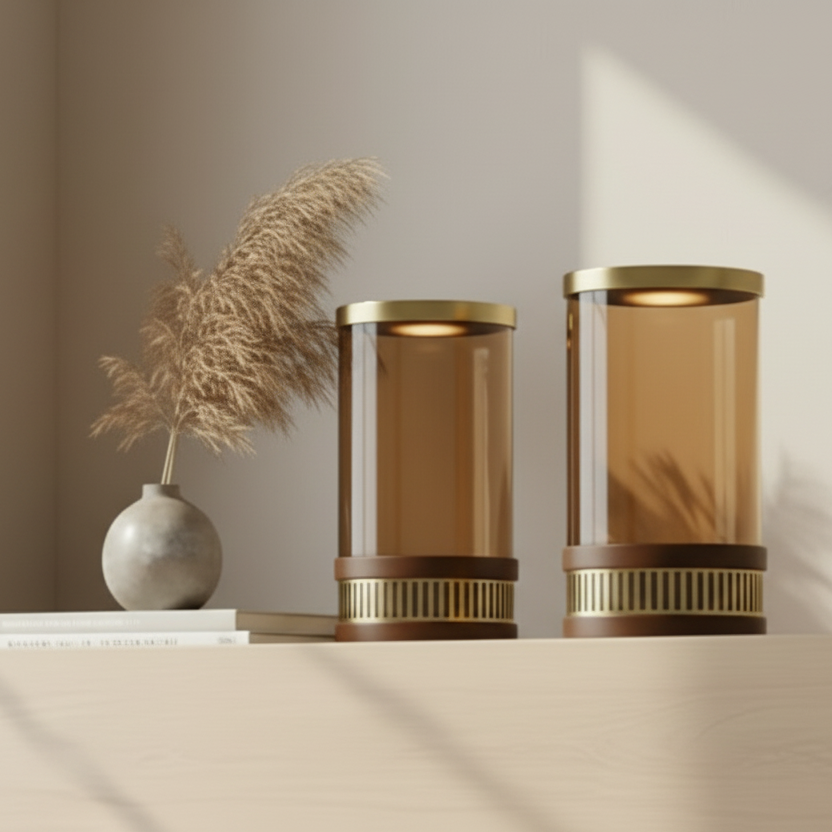 Amber Glass and Wood Pillar Candle Holder with Metallic Base (Medium)