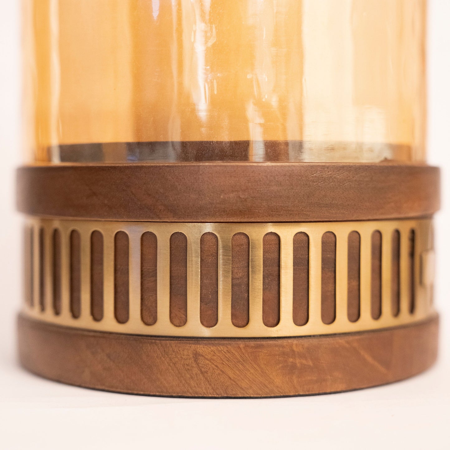 Amber Glass and Wood Pillar Candle Holder with Metallic Base (Medium)