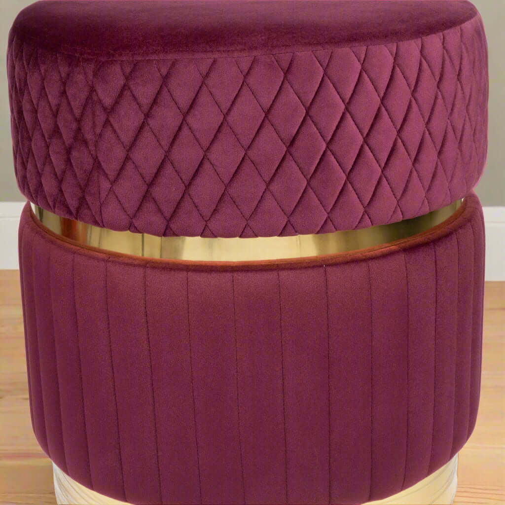 Opulent Two-Tiered Velvet Ottoman in Burgundy showcasing quilted diamond pattern and vertical channel tufting.