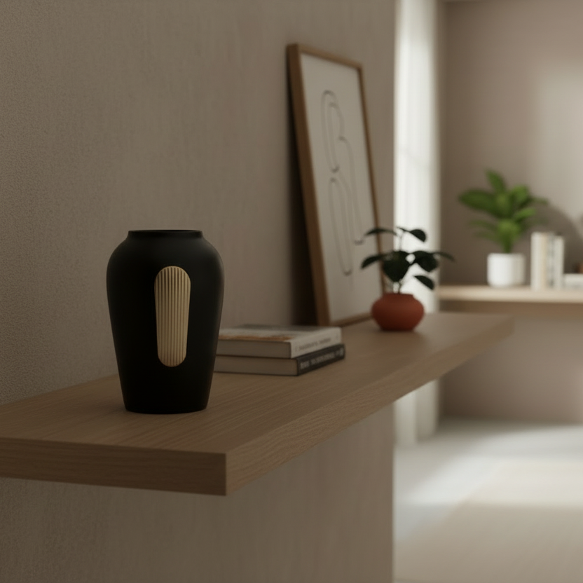 Black vase on a wooden shelf with a blurred background