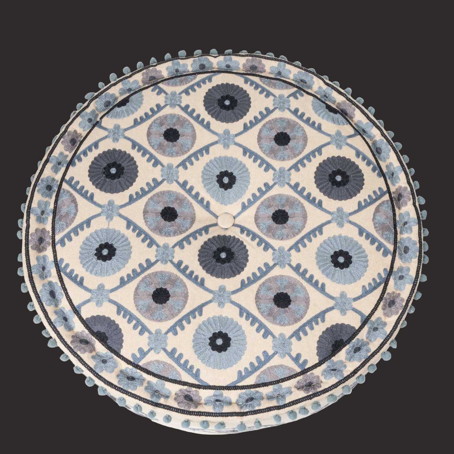 Round decorative mat with blue and gray floral pattern on a white background
