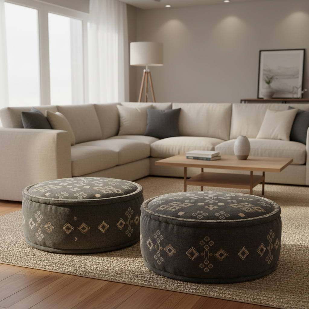 Living room with a beige sectional sofa, two patterned ottomans, and a wooden coffee table.