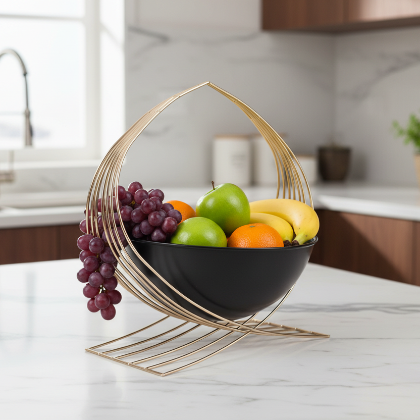 Fruit bowl with grapes, apples, and bananas on a kitchen counter