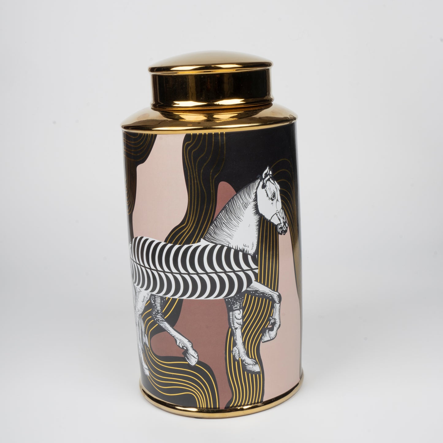 Equine Mirage: Artistic Decorative/Ginger Jar with Zebra Stripes and Gold Accents (Large)