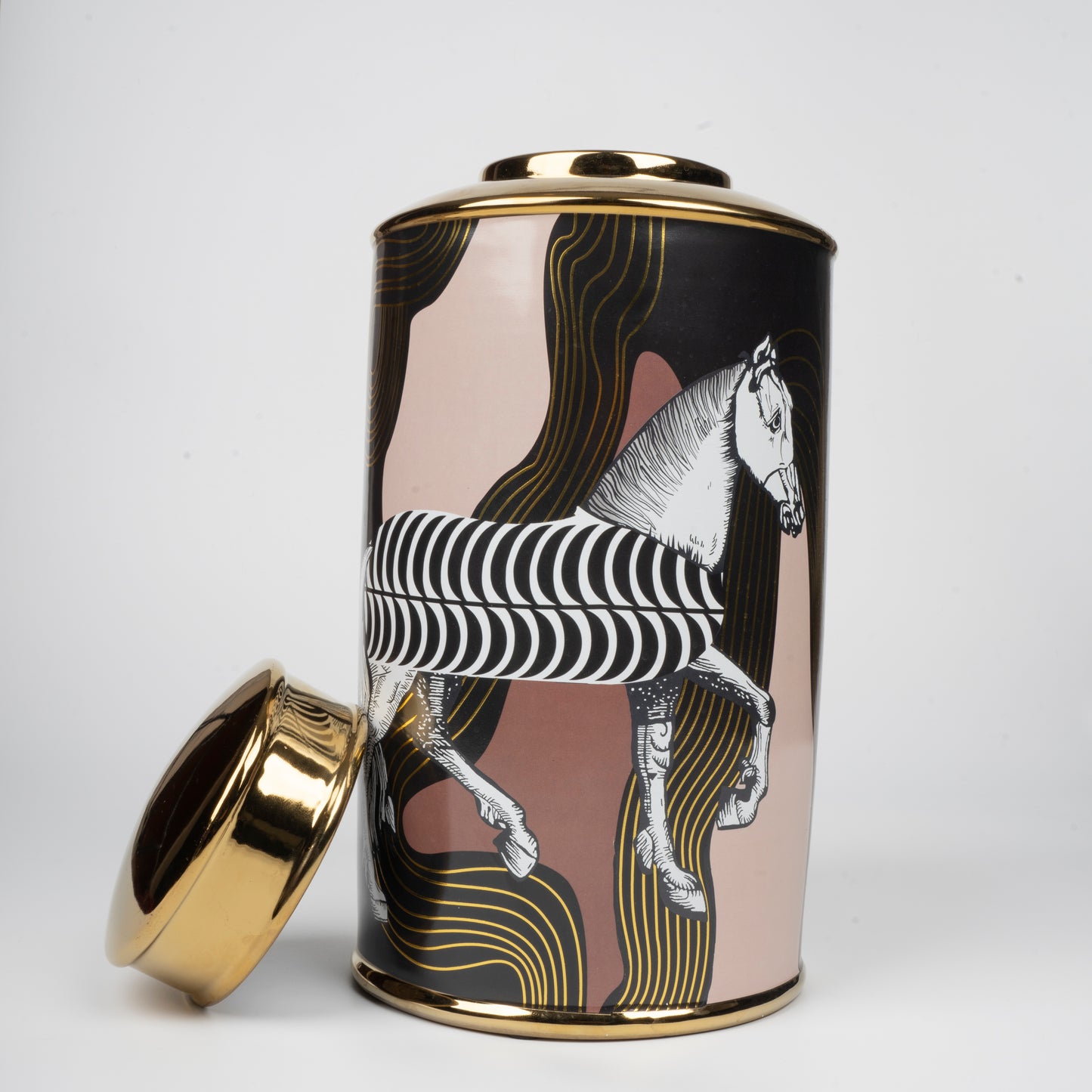 Equine Mirage: Artistic Decorative/Ginger Jar with Zebra Stripes and Gold Accents (Large)
