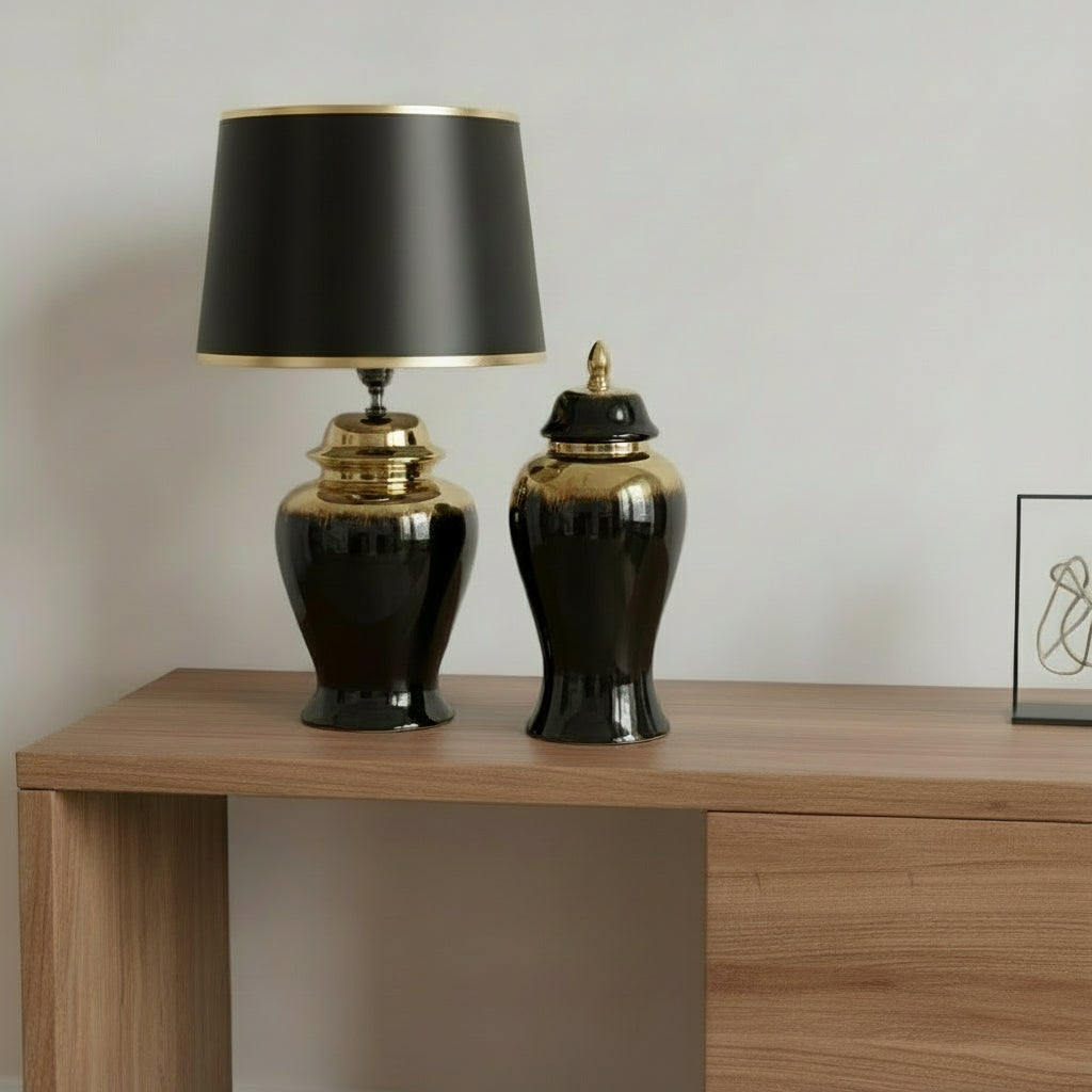 Black and Gold Ceramic Ginger Jar and lamp set featuring elegant design and luxe finishes.