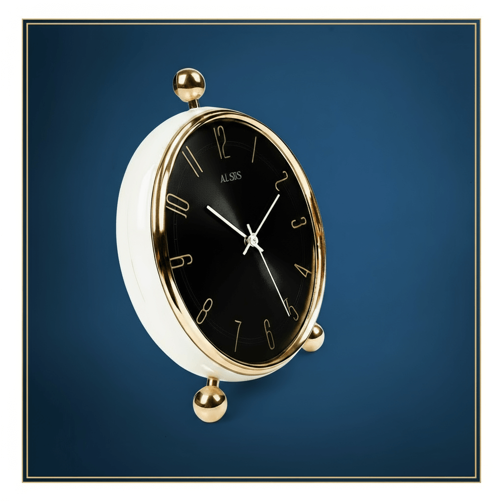 Noir Luxe Table Clock featuring a matte black dial and elegant gold details, showcasing professional style.
