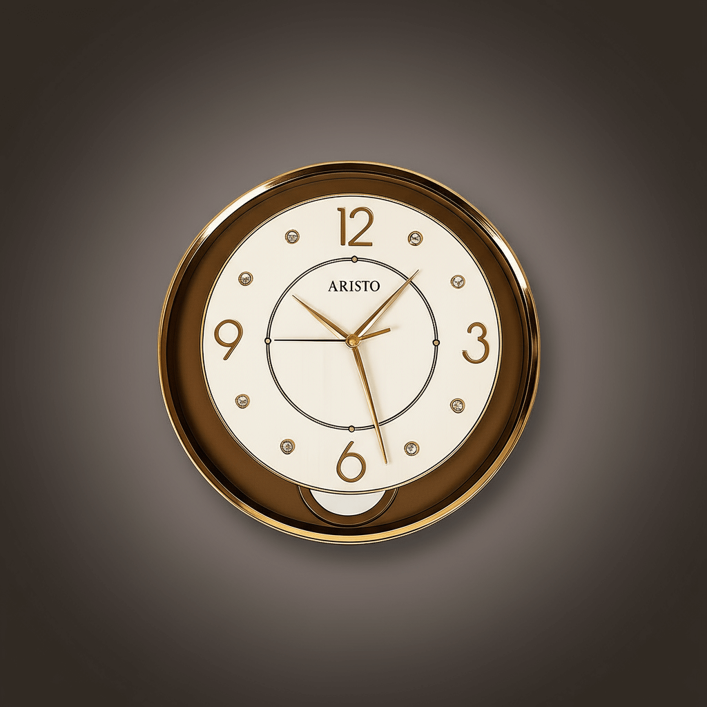 Aristo wall clock with gold casing and white face on a white background