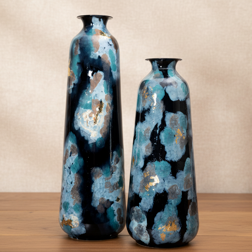 Two decorative vases with blue and gold patterns on a wooden surface.