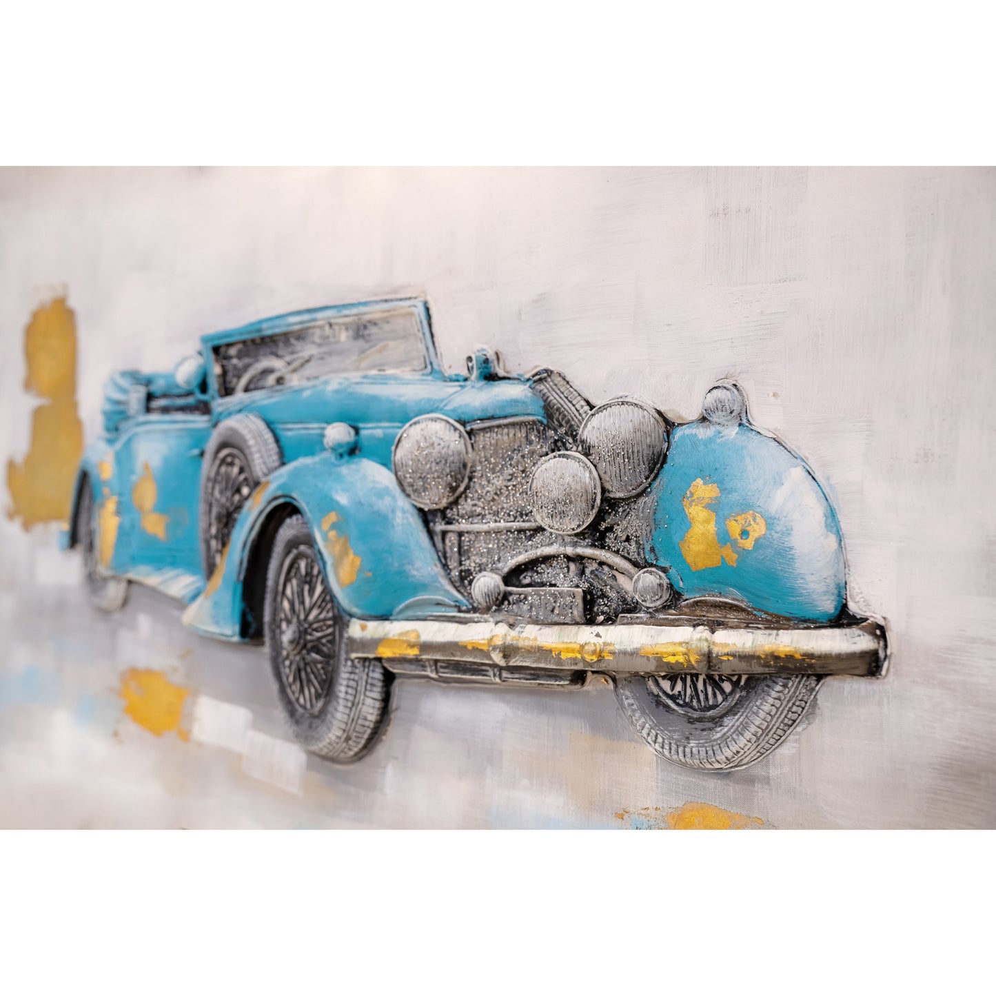 Retro Radiance: Vintage Car Art with Teal, Gold & Textured Detail