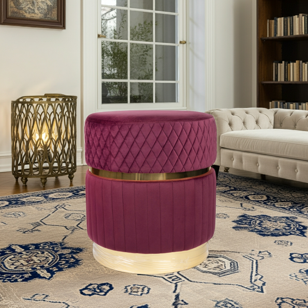 Opulent Two-Tiered Velvet Ottoman in Burgundy