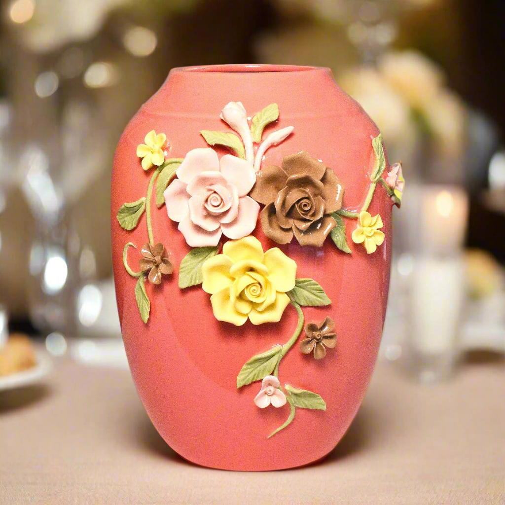 Rose Garden Charm: Hand-Applied Floral Ceramic Vase in Salmon Pink (Big)