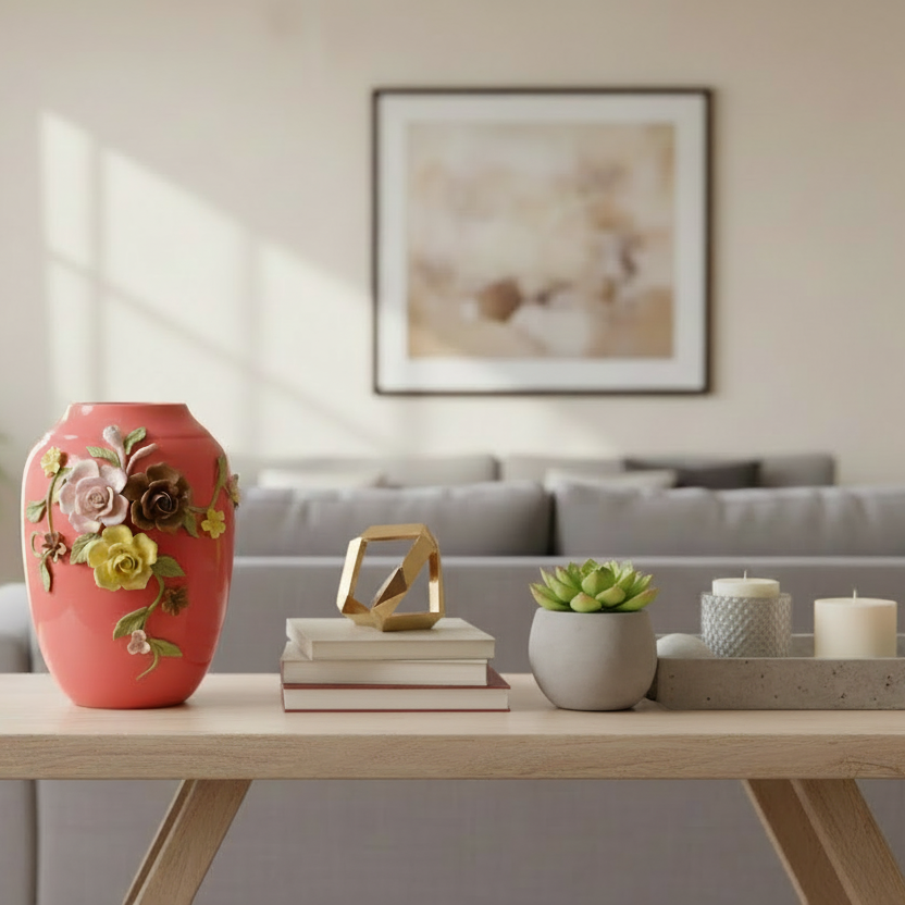 Decorative pink vase with floral design on a wooden table in a living room.