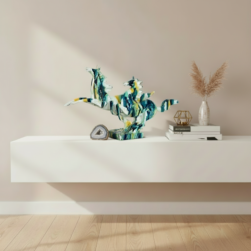 Decorative table with a colorful sculpture, books, and a vase against a beige wall.