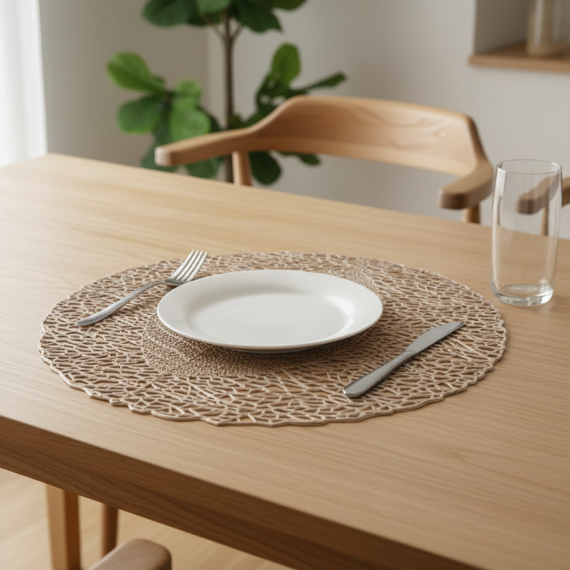 Dining table setting with a white plate, fork, knife, and glass on a woven placemat.