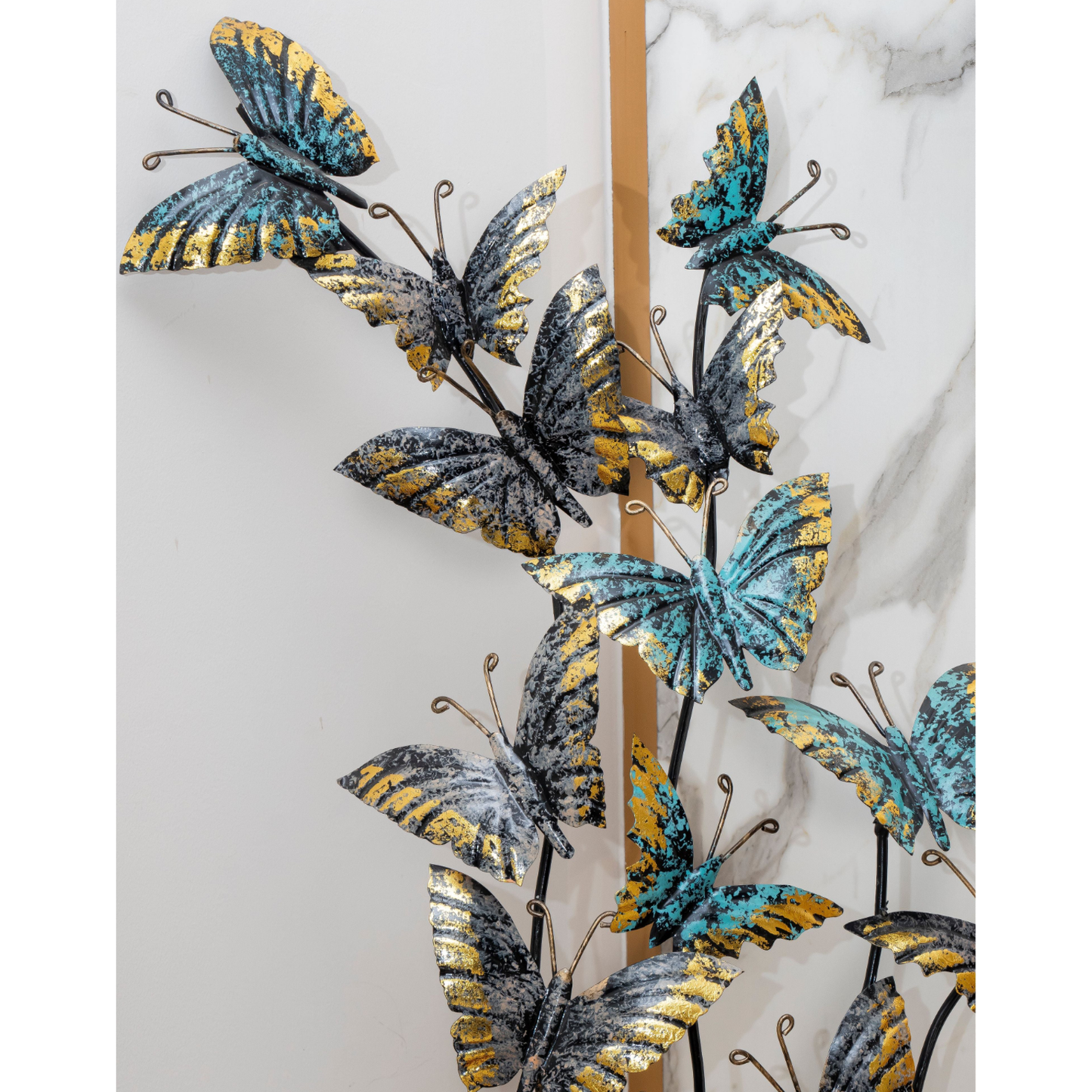 Artistic Golden Wing Butterfly Cluster Decor | Blue & Teal Metal Sculpture
